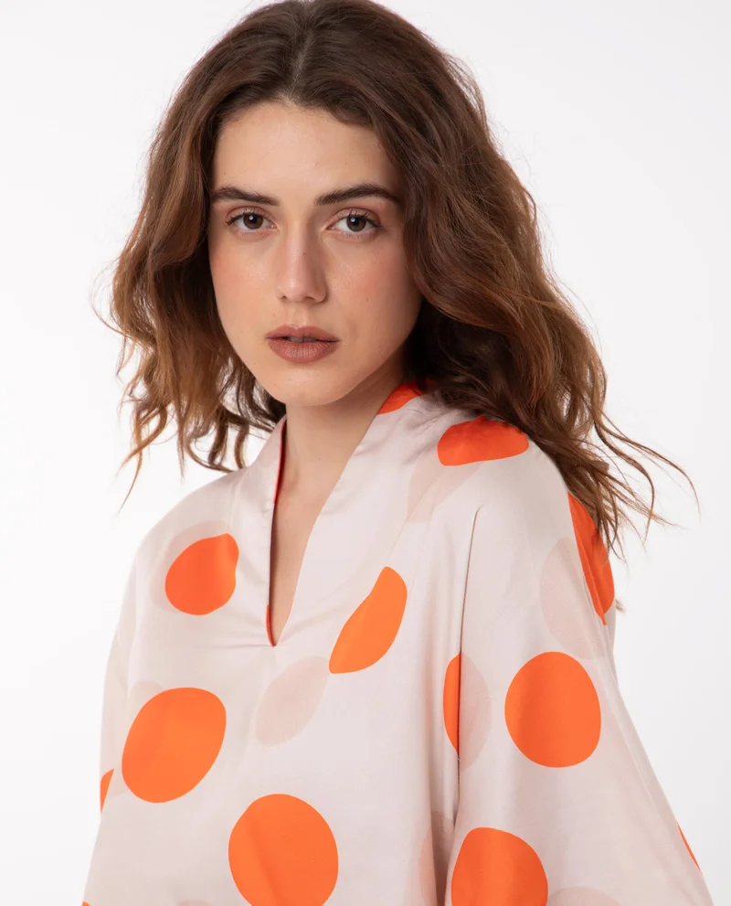 Rareism Women's Two-Tone Polka Print Flared Kimono Sleeve Top