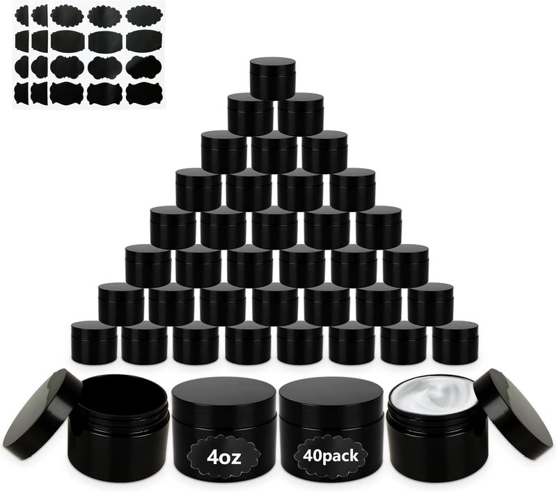 Acrux7 Acrux7 40 Pack 4 oz Black Plastic Jars, Small Round Cosmetic Cream Jars with Lids & Labels, Refillable Plastic Cream Container 120 ml Leak Proof Travel Jars for Creams, Lotion, Body Butter, Body Scrub