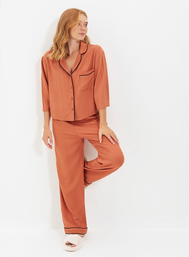 trendyol Dried Rose Piping Viscose Shirt-Pants Woven Pajamas Set THMAW21PT0292  - Image 3