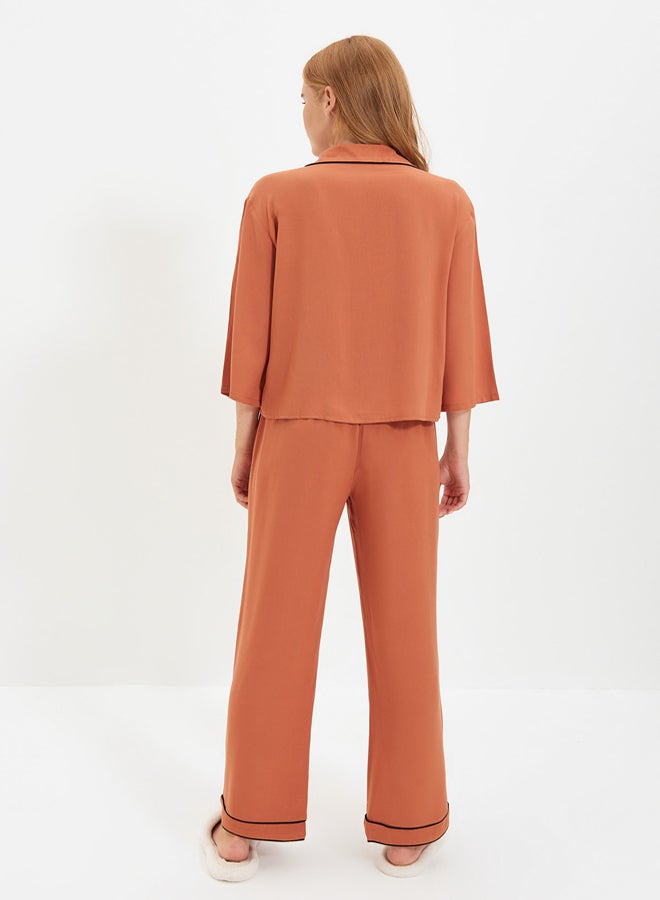 trendyol Dried Rose Piping Viscose Shirt-Pants Woven Pajamas Set THMAW21PT0292  - Image 4