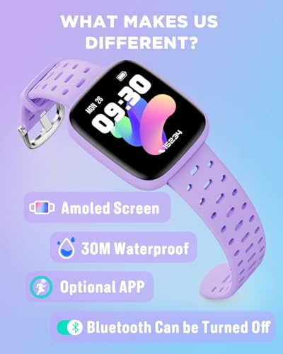 BIGGERFIVE Kids Watch No Phone Needed, 1.8" Amoled Smart Fitness Watch Pedometer, Heart Rate, Sleep Tracker, 30m Waterproof, Step Counter, Puzzle Games, 100+ Dials, Gifts for Girls 5-16, Lilac - Image 2