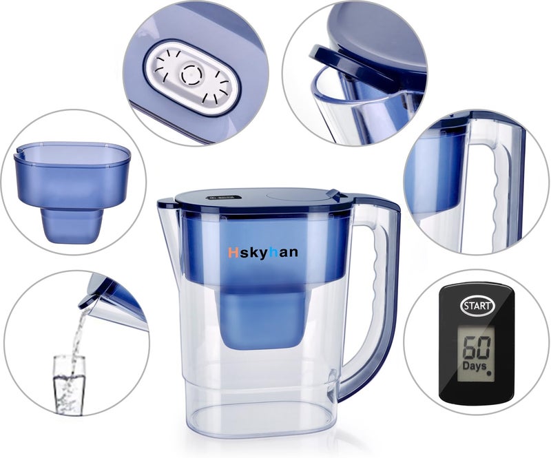 Hskyhan Alkaline Water Filter Pitcher - 3.8 Liters Improve PH, 2 Long Lasting Cartridge Included, BPA Free, 7 Stage Filtration System to Purify, Blue - Image 3