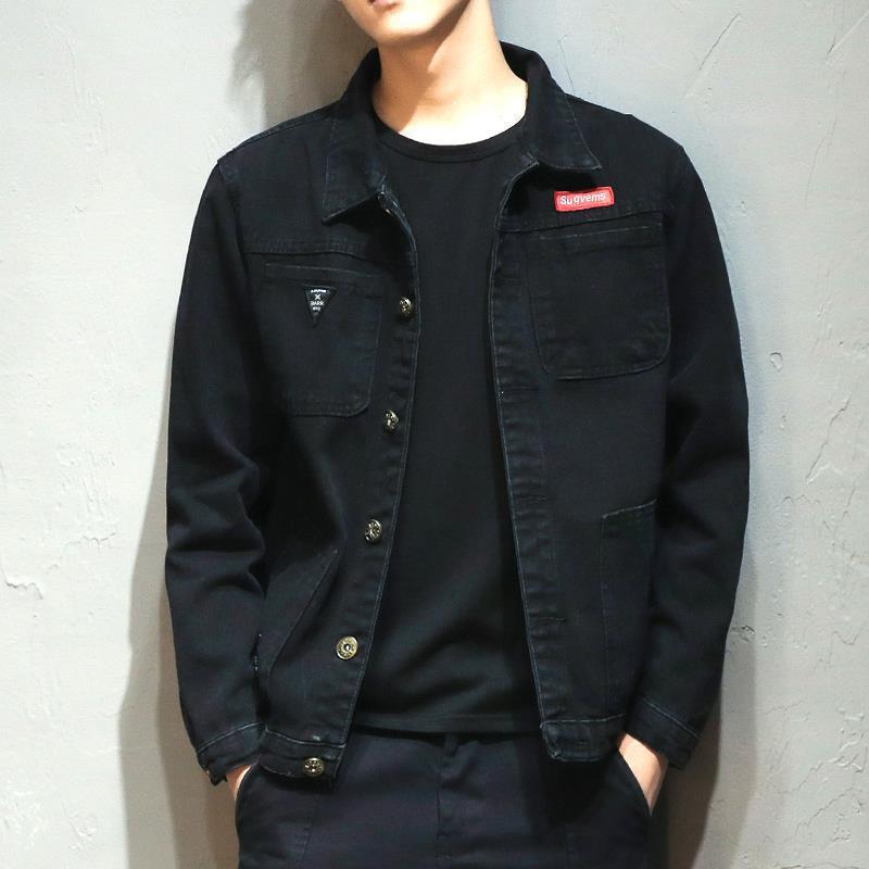 Mens Black Denim Work Jacket Korean Loose Fit Spring Fall Black 