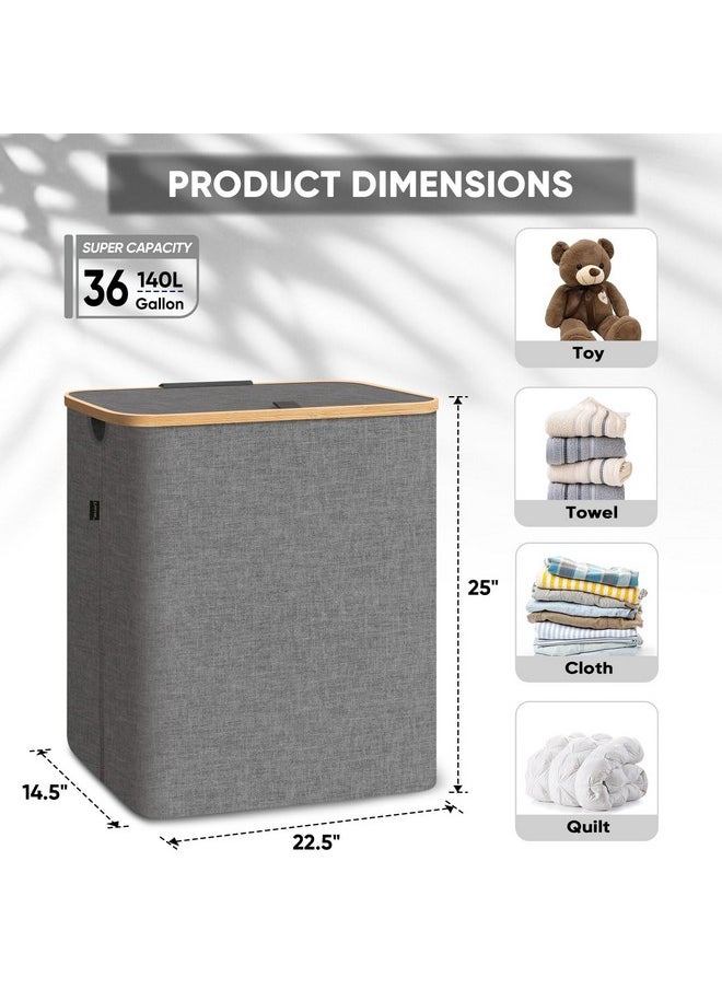 Baleine - BALEINE Laundry Hamper with Lid, Tall Laundry Baskets with Bamboo Pull Handles, Large Laundry Bin with Internal Support (36 Gal/140L, Grey) - Image 1