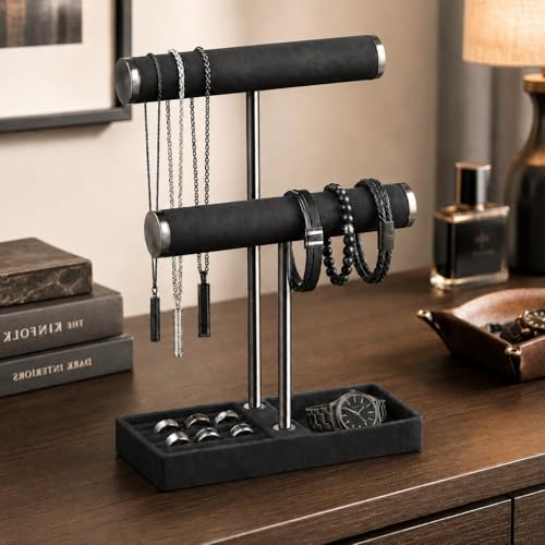 bussdis 2 Tier Bracelet Holder Display Detachable T Bar Black Velvet Bracelet Holder Jewelry Holder Organizer for Bracelet Necklace Earrings Rings - Image 3