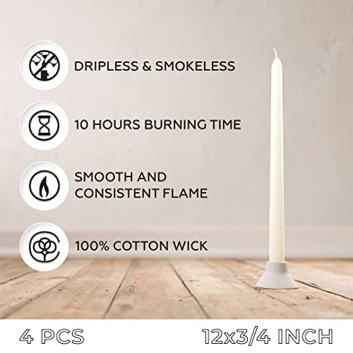 Sonedly Soneldy 12 inch Taper Candle 4 Pack - Unscented Hand-Dipped Tapered Long Burning Candles Perfect for Home Interior - Dripless and Smokeless - 10-Hour Burning Ivory - Image 2