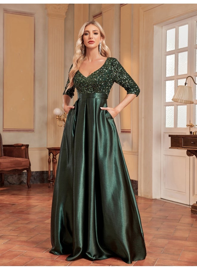 Loquat Emerald Green V-Neck Sequin Elegant Midi Dress for Parties  - Image 3