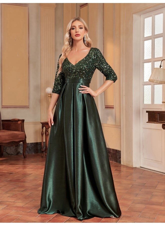 Loquat Emerald Green V-Neck Sequin Elegant Midi Dress for Parties  - Image 5