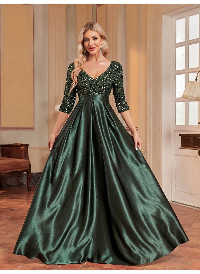 Loquat Emerald Green V-Neck Sequin Elegant Midi Dress for Parties  - Image 4
