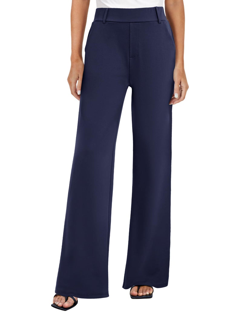 FireSwan Women's Wide Leg Dress Pants High Waisted Stretchy Work Trousers Business Casual Office Pull on Slacks with Pockets Navy - Image 1