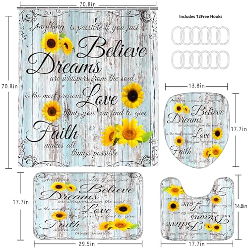 AZHM 4pcs Farmhouse Shower Curtain Sets Sunflower Bathroom Decor Set Inspirational Quotes Bathroom Curtain Shower Set with Rugs and Accessories Floral Flower Shower Curtain - Image 2