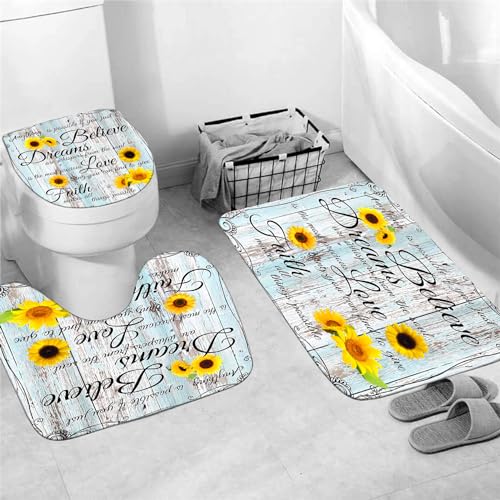 AZHM 4pcs Farmhouse Shower Curtain Sets Sunflower Bathroom Decor Set Inspirational Quotes Bathroom Curtain Shower Set with Rugs and Accessories Floral Flower Shower Curtain - Image 5