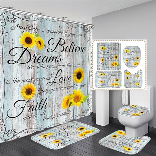 AZHM 4pcs Farmhouse Shower Curtain Sets Sunflower Bathroom Decor Set Inspirational Quotes Bathroom Curtain Shower Set with Rugs and Accessories Floral Flower Shower Curtain - Image 1