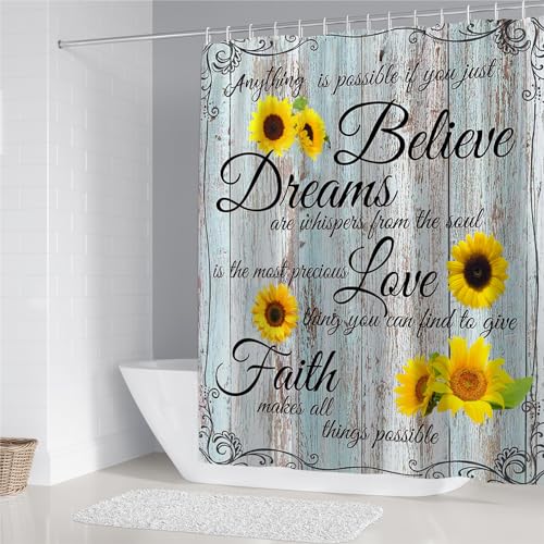 AZHM 4pcs Farmhouse Shower Curtain Sets Sunflower Bathroom Decor Set Inspirational Quotes Bathroom Curtain Shower Set with Rugs and Accessories Floral Flower Shower Curtain - Image 3