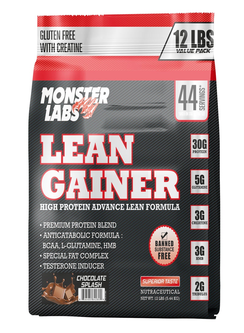 ماس جاينر قليل الدهون من Monster Labs بوزن 12 رطل - مكمل بروتين عالي السعرات لنمو العضلات (رذاذ الشوكولاتة)