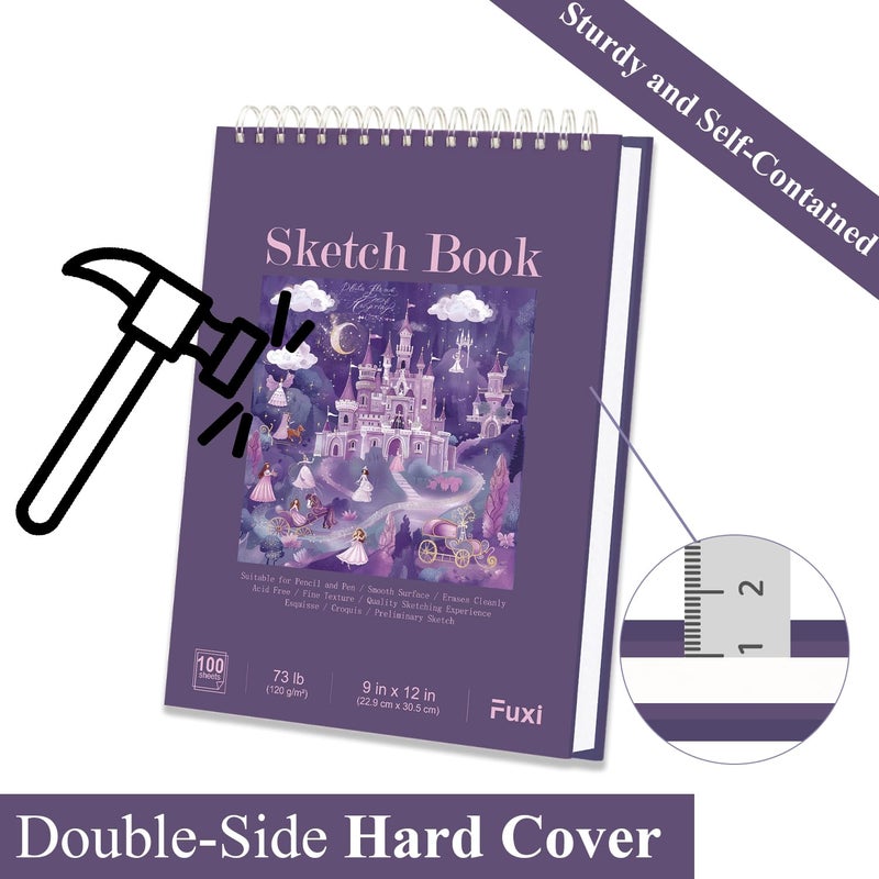 Fuxi Purple Sketch Book for Women - 9"x12" Girls Sketch Book, 100 Sheets (73lb/120gsm) Drawing Paper for Kids, Art Supplies for Girls Ages 8-12, Beginners, and Adults, 1-Pack - Image 4