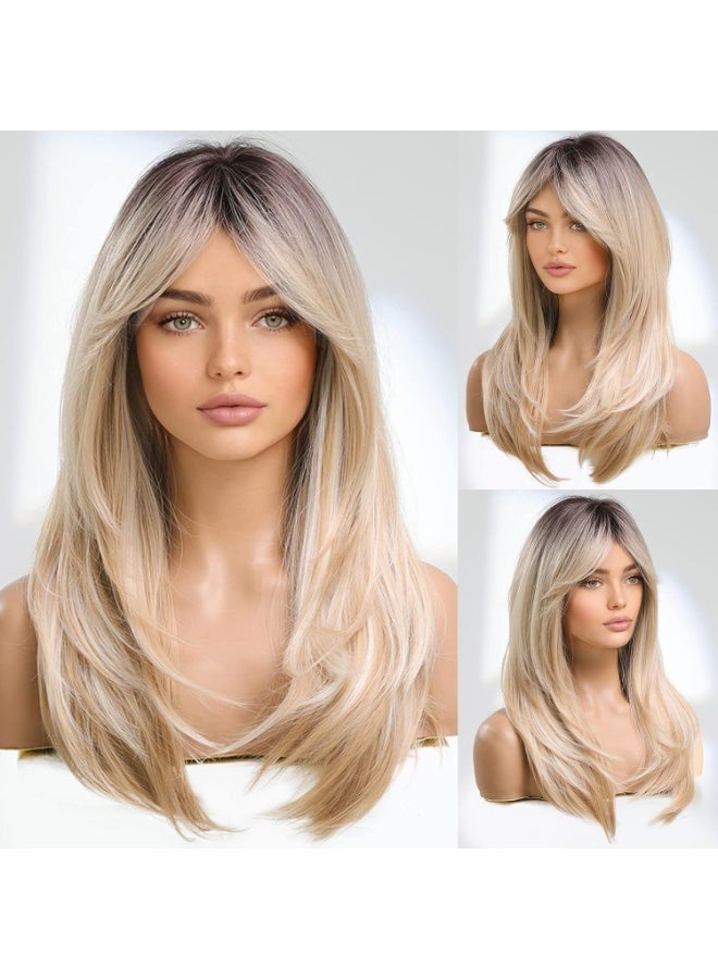 Blonde Wigs for Women, Long Blonde Wig with Bangs, Heat Resistant Natural Looking Wigs, Middle Part Blonde Wigs with Dark Roots, Layered Synthetic Hair Wig for Daily Party Use Cosplay(55 cm) - Image 1