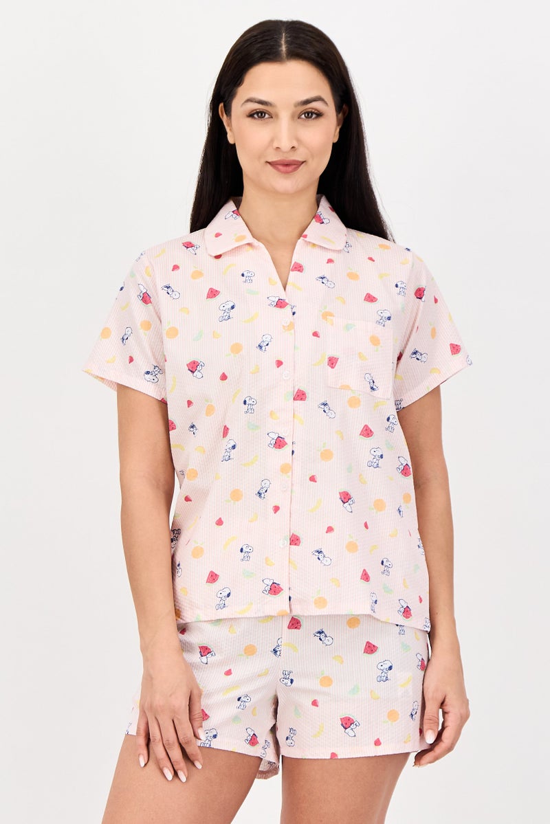 Peanuts Women 2 Pieces Snoopy Short Sleeve Pyjama Set, Multicolor - Image 2
