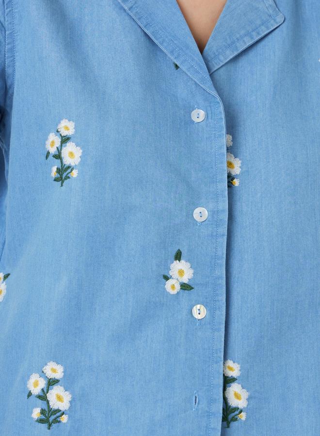 Styli Light Blue Embroidered Daisy Denim Shirt - Image 3