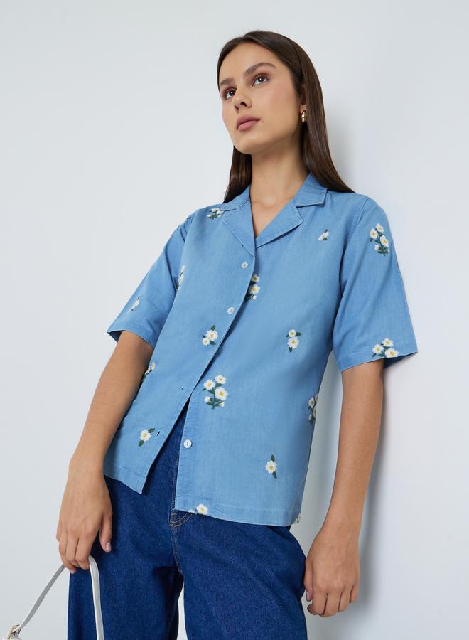 Styli Light Blue Embroidered Daisy Denim Shirt - Image 1