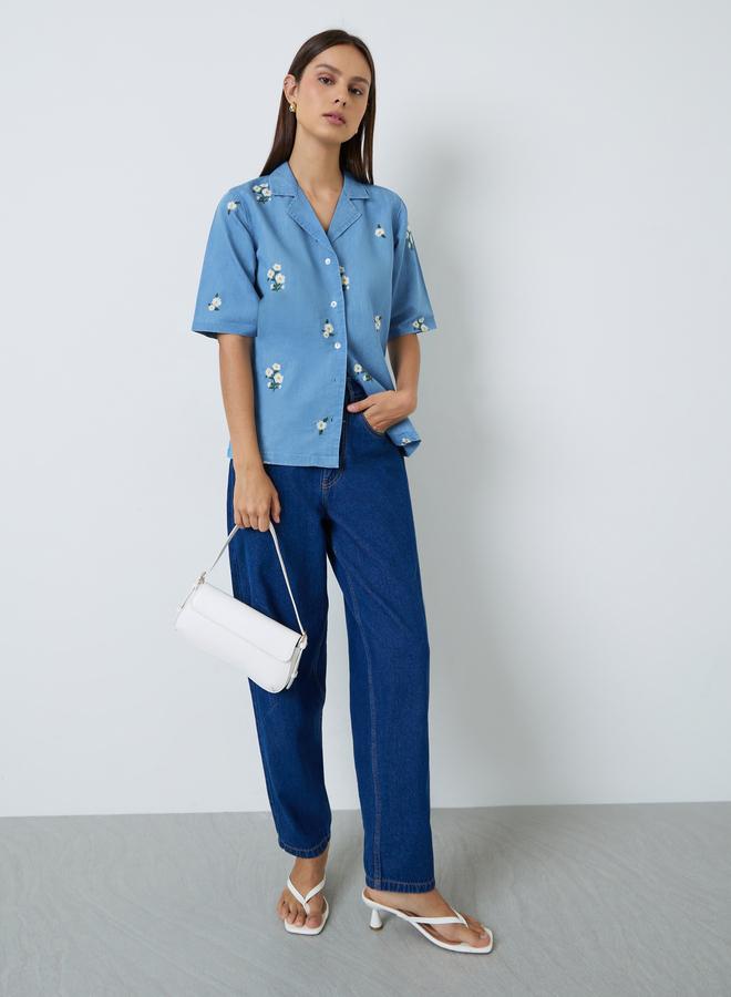 Styli Light Blue Embroidered Daisy Denim Shirt - Image 2