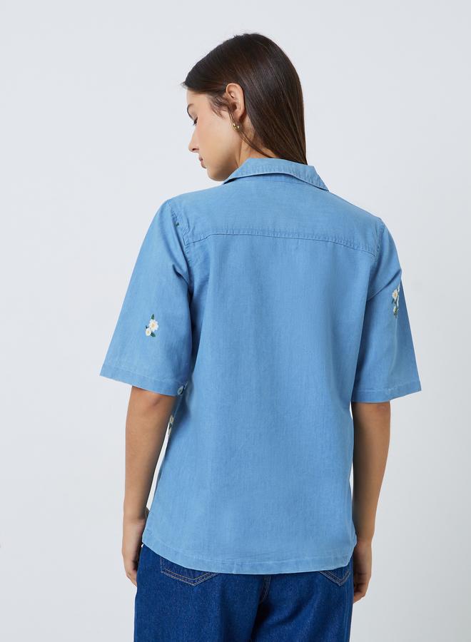 Styli Light Blue Embroidered Daisy Denim Shirt - Image 4