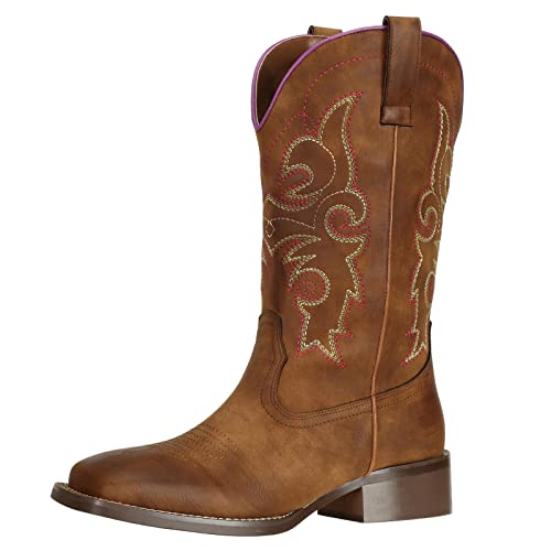 SheSole Women's Cowboy Cowgirl Boots Western Wide Square Toe Wide Calf Boots Brown US 9 - Image 1