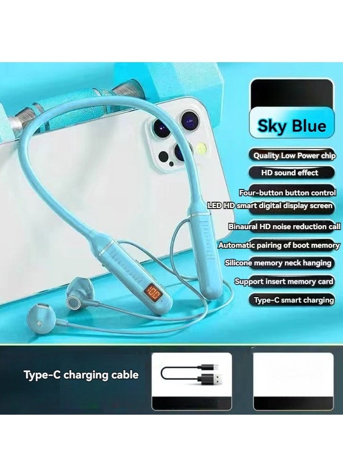 Generic Hanging neck Bluetooth headset wireless sports digital display high-end in-ear ultra-long endurance running headset blue  - Image 1