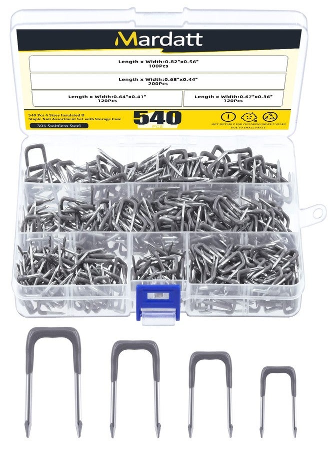 Mardatt 540 Pcs Insulated U Staple Nail Assortment Set with Storage Case, 0.56", 0.44“, 0.41", 0.36" Metal Cable Staple for Fixing Electrical Wire - Image 1