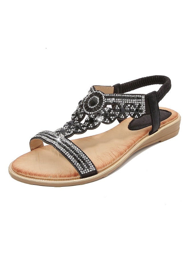NIBEMINENT Summer Women Sandals Crystal Decoration flat Heel Sandals Peep Toe Back Strap Elastic Band Elegant Fashion comfort Shoes - Image 1