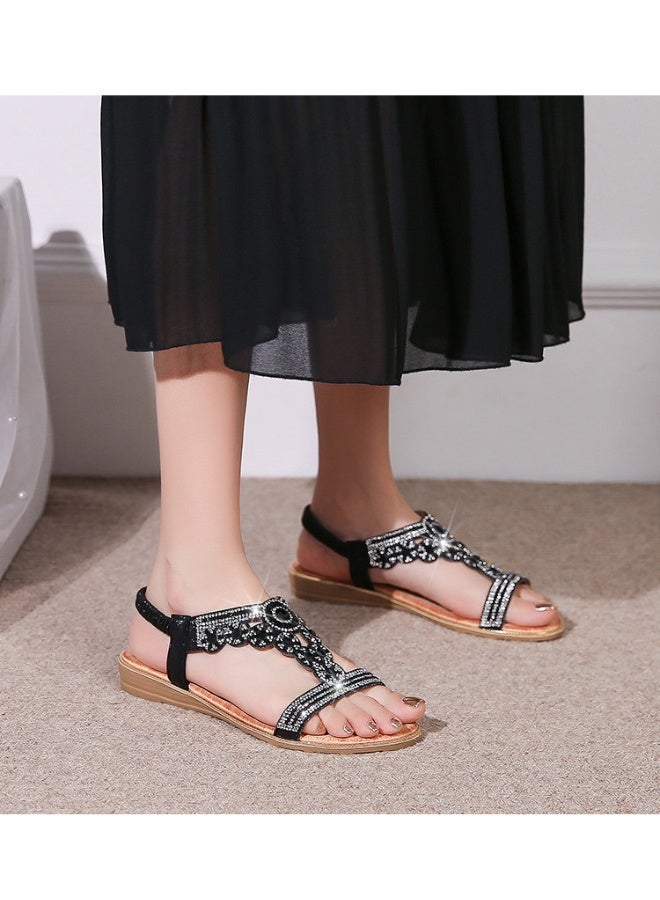 NIBEMINENT Summer Women Sandals Crystal Decoration flat Heel Sandals Peep Toe Back Strap Elastic Band Elegant Fashion comfort Shoes - Image 4
