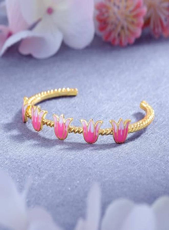 استيل أساور إستيل للمجوهرات للنساء، مطلية بالذهب، باللونين الوردي والأبيض، مزينة بالمينا، بتصميم زهرة اللوتس الجذابة، قابلة للتعديل، أنيقة ومتعددة الاستخدامات للنساء والفتيات - Image 3