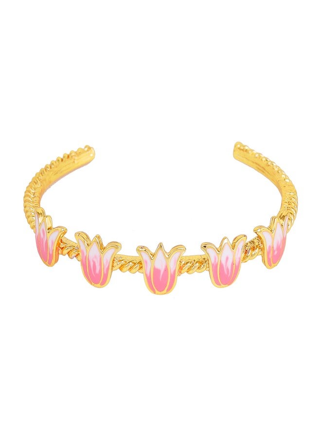 استيل أساور إستيل للمجوهرات للنساء، مطلية بالذهب، باللونين الوردي والأبيض، مزينة بالمينا، بتصميم زهرة اللوتس الجذابة، قابلة للتعديل، أنيقة ومتعددة الاستخدامات للنساء والفتيات - Image 1