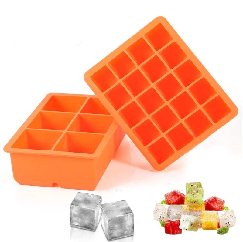 MoldBerry Silicone Ice Cube Trays 20 6 Grid Combo Flexible Small Giant Square Silicone Ice Cube Mould for Freezer Whiskey Cocktails Kitchen Accessories Pack of 2 Random Color - Image 1