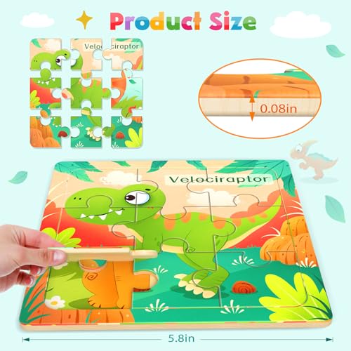 Zeoddler Wooden Puzzles for Toddlers 8 Pack Dinosaur Jigsaw Puzzles for Kids35 9 Pieces Preschool Learning Activities Learning Educational Puzzles Gift for Boys Girls - Image 5