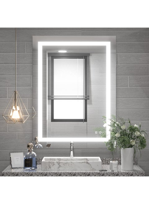 TETOTE 24 x 32 Bathroom LED Mirror Vanity Lighted Mirror Home Decor with Dimmable Touch Button  AntiFog Function Makeup Mirror with Light Tempered Glass