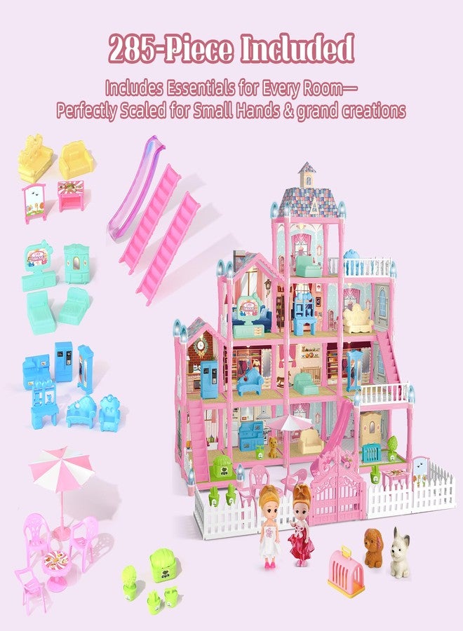 Randhar Doll House for Girls with Lights, 3 Dolls, 4 Floors -13 Rooms, 7 Sets of Furniture and Accessories, Design and Build Gift for 3 4 5 6 7 8+ Year Old Girls - Image 2