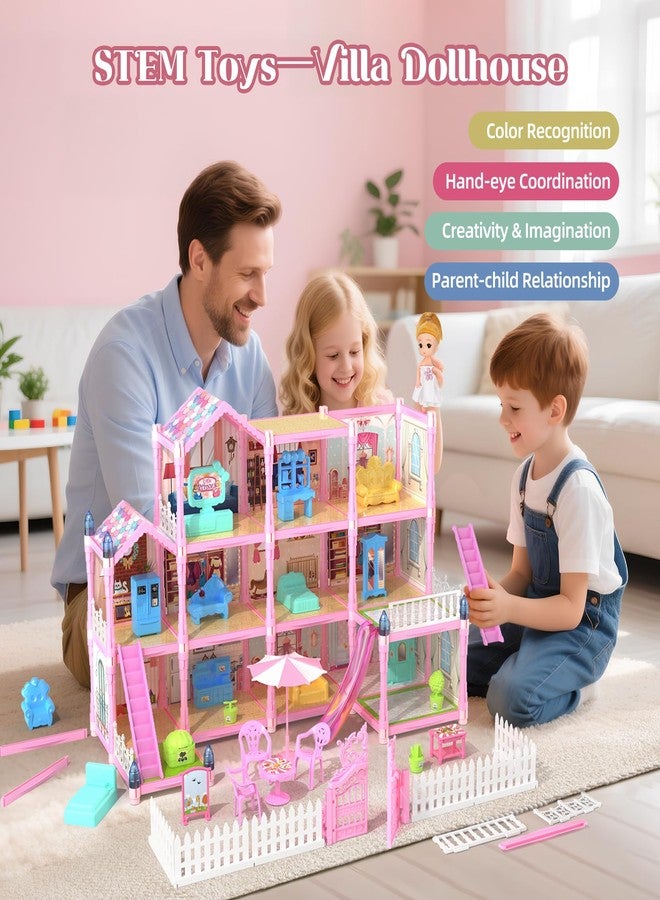 Randhar Doll House for Girls with Lights, 3 Dolls, 4 Floors -13 Rooms, 7 Sets of Furniture and Accessories, Design and Build Gift for 3 4 5 6 7 8+ Year Old Girls - Image 4