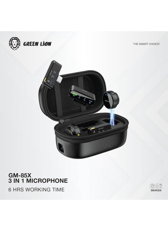 GREEN LION 3 In 1 Microphone GM-85X / LED Display / Noise Reduction Mode / Includes: Type-C, Camera, Lightning Receiver/ 360° Omnidirectional / 3-Level Volume / Ultra-Mini Microphone - Black  - Image 2