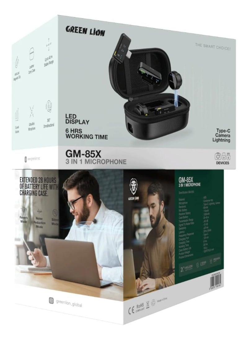 GREEN LION 3 In 1 Microphone GM-85X / LED Display / Noise Reduction Mode / Includes: Type-C, Camera, Lightning Receiver/ 360° Omnidirectional / 3-Level Volume / Ultra-Mini Microphone - Black  - Image 4