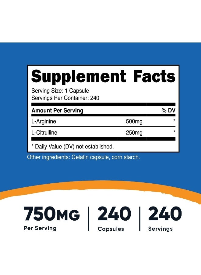 Nutricost مركب L-أرجينين L-سيترولين 750 ملغ، 240 كبسولة - غير معدلة وراثيًا - Image 2