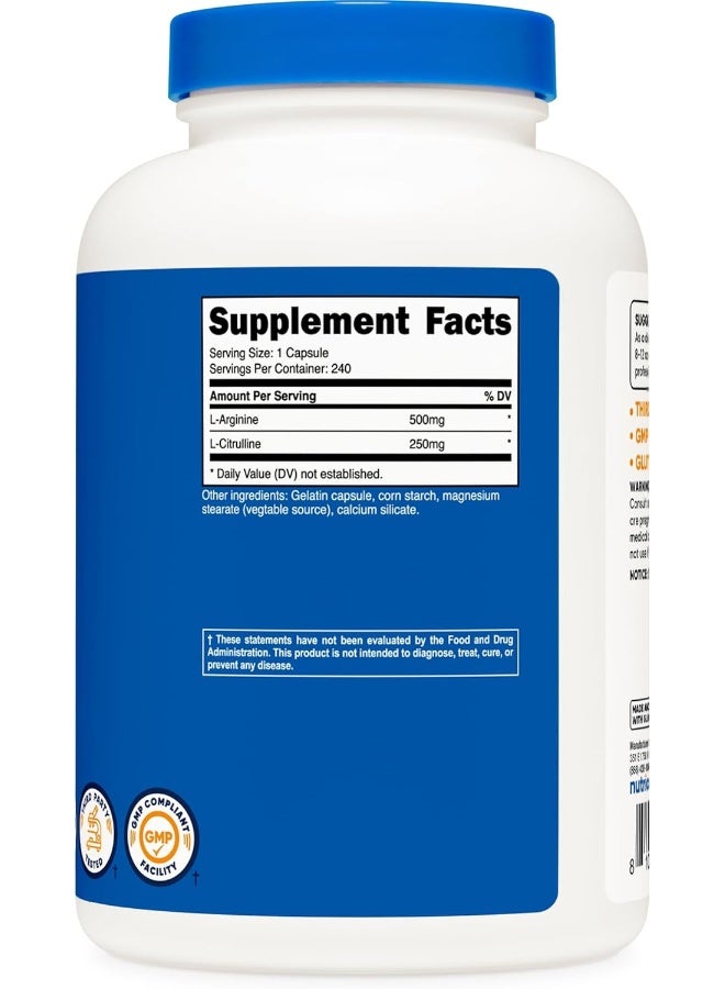 Nutricost مركب L-أرجينين L-سيترولين 750 ملغ، 240 كبسولة - غير معدلة وراثيًا - Image 5