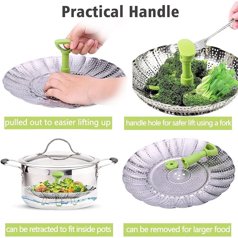 Consevisen Vegetable Steamer Basket for Cooking Food, Stainless Steel Veggie Steam Basket for Pot, Folding Expandable Steaming Insert with Extendable Handle Fits Various Size Pot, 5.1 to 9 - Image 4