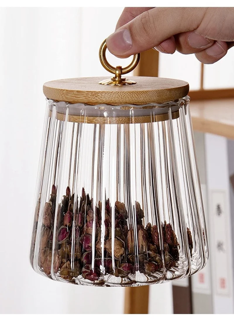 1Chase Borosilicate Glass Storage Jar With Airtight Bamboo Lid and Metal Handle (Set Of 2), 600 ML Taper