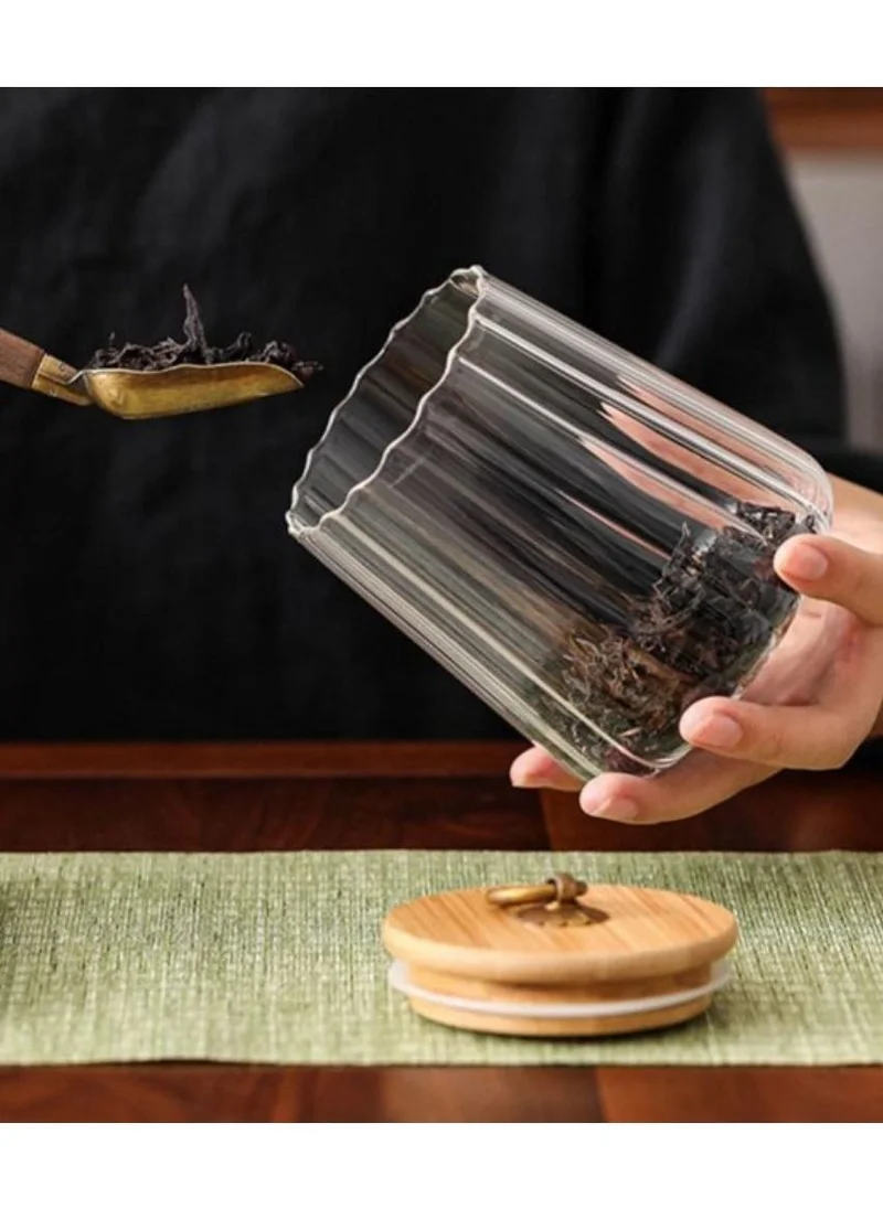 1Chase Borosilicate Glass Storage Jar With Airtight Bamboo Lid and Metal Handle (Set Of 2), 600 ML Taper