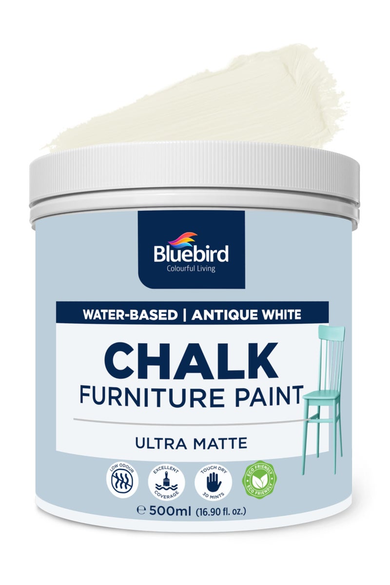 BLUEBIRD Chalk Furniture Paint - 500 ML / 16.9 fl oz for Furniture, Home DÃ©cor, Cabinets, and More (Antique White) - Image 1