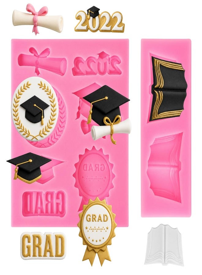 Yekepal Graduation Chocolate Molds, 2Pcs Silicone Graduation Molds for Chocolate, Grad Cap Diploma Fondant Mold Candy Baking Moulds for Handmade Cake Cupcake Ice Cube Jello Soap Grad Party Decorations, Pink - Image 1