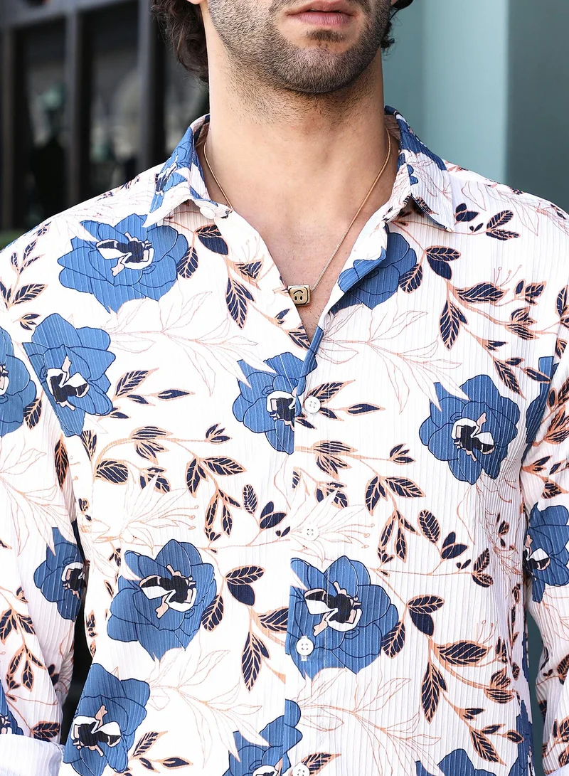 Campus Sutra Men's Daisy White & Steel Blue Vivid-Bloom Tactile Shirt