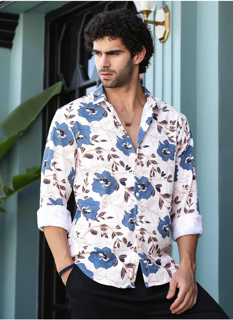 Campus Sutra Men's Daisy White & Steel Blue Vivid-Bloom Tactile Shirt