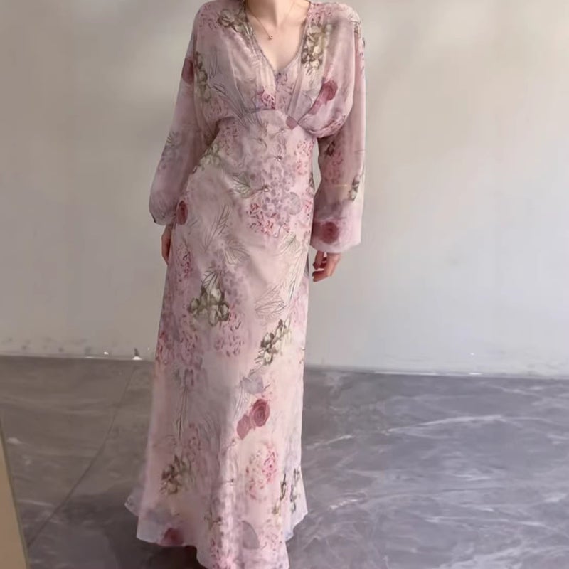 Women's Pink Floral Long Sleeve A-Line Dress - Image 2